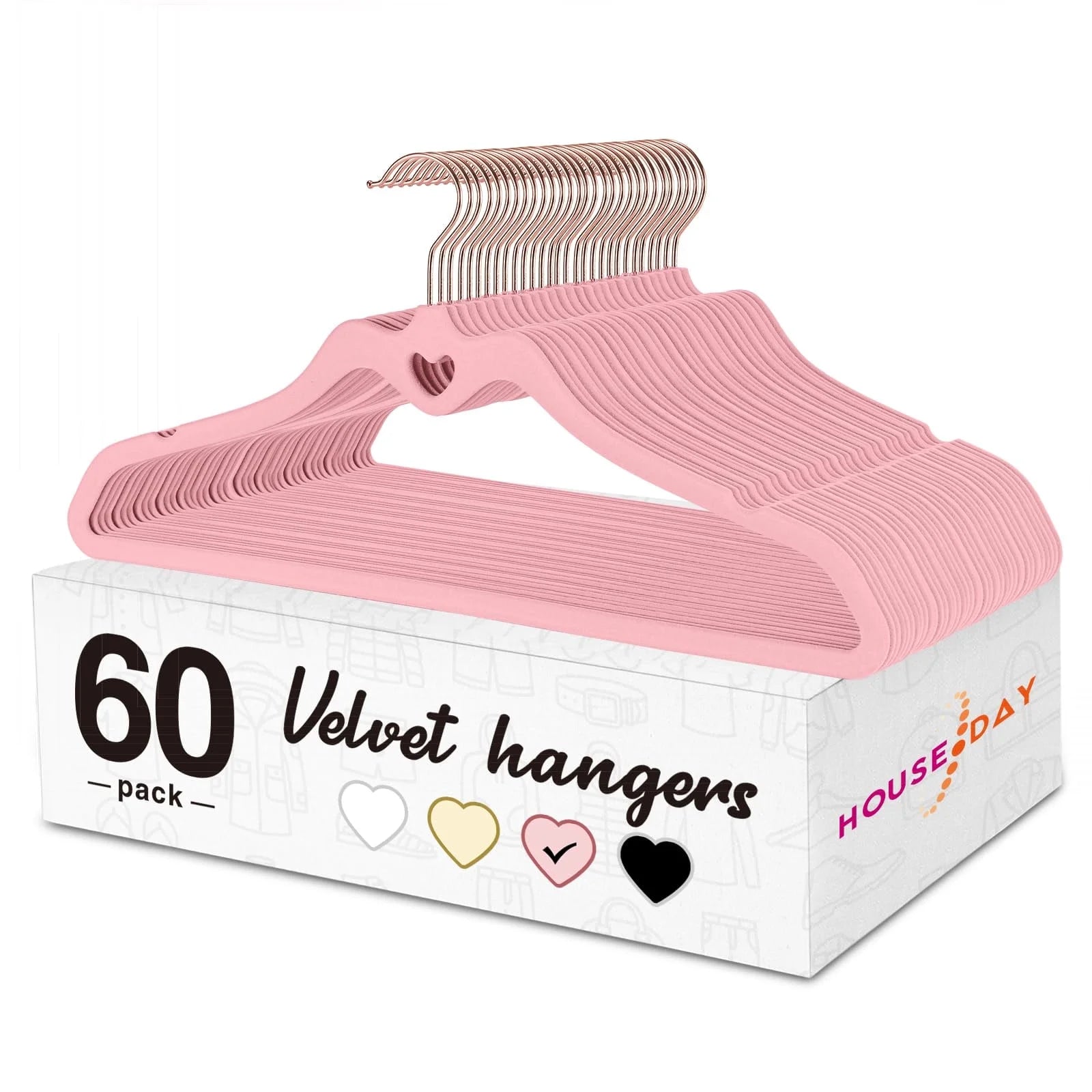 Velvet Hangers 60 Pack, Pink Non Slip Flocked Felt Hangers, Sturdy Velvet Clothes Hangers, Cute Heart Hangers, Heavy Duty Coat Hangers, Ultra Slim Beige Hangers for Closet Space Saving