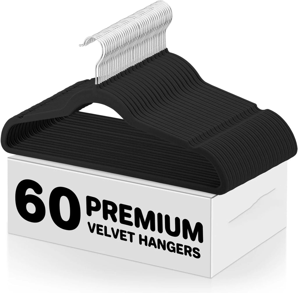 Black Velvet Hangers 60 Pack, Premium Clothes Hangers Non-Slip Felt Hangers, Sturdy Black Hangers Heavy Duty Coat Hangers, Durable Suit Hangers for Space Saving,
